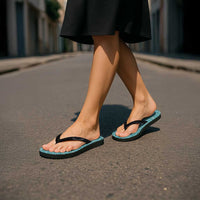 Cyan Palaka Quilt Hawaii Flip Flops Hawaiian Tropical Monstera Sea Turtle