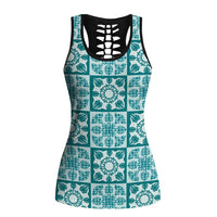 Cyan Palaka Quilt Hawaii Hollow Tank Top Hawaiian Tropical Monstera Sea Turtle