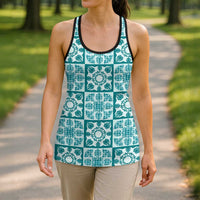 Cyan Palaka Quilt Hawaii Hollow Tank Top Hawaiian Tropical Monstera Sea Turtle