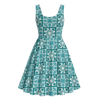 Cyan Palaka Quilt Hawaii Midi Dress Hawaiian Tropical Monstera Sea Turtle