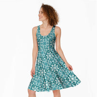 Cyan Palaka Quilt Hawaii Midi Dress Hawaiian Tropical Monstera Sea Turtle