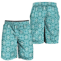 Cyan Palaka Quilt Hawaii Shorts for Men Hawaiian Tropical Monstera Sea Turtle