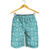 Cyan Palaka Quilt Hawaii Shorts for Men Hawaiian Tropical Monstera Sea Turtle
