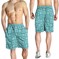 Cyan Palaka Quilt Hawaii Shorts for Men Hawaiian Tropical Monstera Sea Turtle