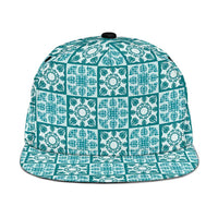 Cyan Palaka Quilt Hawaii Snapback Cap Hawaiian Tropical Monstera Sea Turtle