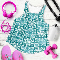 Cyan Palaka Quilt Hawaii Women Racerback Tank Hawaiian Tropical Monstera Sea Turtle