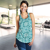 Cyan Palaka Quilt Hawaii Women Racerback Tank Hawaiian Tropical Monstera Sea Turtle