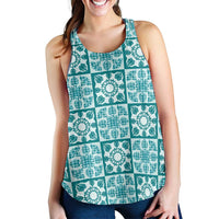 Cyan Palaka Quilt Hawaii Women Racerback Tank Hawaiian Tropical Monstera Sea Turtle