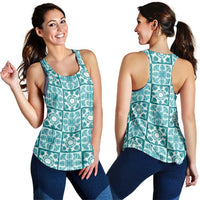 Cyan Palaka Quilt Hawaii Women Racerback Tank Hawaiian Tropical Monstera Sea Turtle