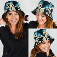 Dark Cyan Tropical Hawaii Bucket Hat Seamless Monstera Plumeria Hawaiian Pattern - Polynesian Pride