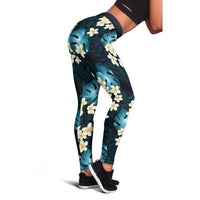 Dark Cyan Tropical Hawaii Leggings Seamless Monstera Plumeria Hawaiian Pattern - Polynesian Pride