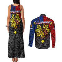 Philippines Half Sleeve Tattoo Couples Matching Tank Maxi Dress and Long Sleeve Button Shirt Pinoy Filipinos Sun DT02 - Polynesian Pride