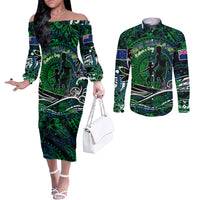 Father's Day New Zealand Couples Matching Off The Shoulder Long Sleeve Dress and Long Sleeve Button Shirt Special Dad Polynesia Paradise DT02 Green - Polynesian Pride