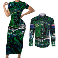 Father's Day New Zealand Couples Matching Short Sleeve Bodycon Dress and Long Sleeve Button Shirt Special Dad Polynesia Paradise DT02 Green - Polynesian Pride