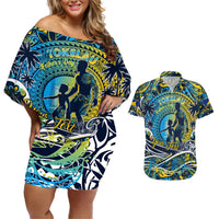 Father's Day Tokelau Couples Matching Off Shoulder Short Dress and Hawaiian Shirt Special Dad Polynesia Paradise DT02 Blue - Polynesian Pride