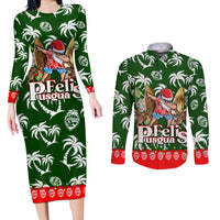 Guam Christmas Couples Matching Long Sleeve Bodycon Dress and Long Sleeve Button Shirts Felis Pusgua Tropical Xmas Patterns DT02 Green - Polynesian Pride