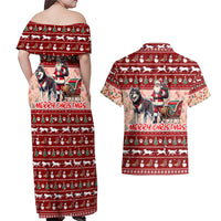 Dog Sled Christmas Couples Matching Off Shoulder Maxi Dress and Hawaiian Shirt Husky Sleigh Ride Design - Polynesian Pride