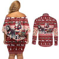 Dog Sled Christmas Couples Matching Off Shoulder Short Dress and Long Sleeve Button Shirt Husky Sleigh Ride Design - Polynesian Pride