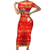 Merry Christmas Hawaii Family Matching Short Sleeve Bodycon Dress and Hawaiian Shirt Xmas Travel Map - Polynesian Pride