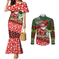 Mele Kalikimaka Shaka Santa Couples Matching Mermaid Dress and Long Sleeve Button Shirt Hawaiian Surf Christmas Design with Aloha Spirit - Polynesian Pride
