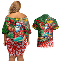 Mele Kalikimaka Shaka Santa Couples Matching Off Shoulder Short Dress and Hawaiian Shirt Hawaiian Surf Christmas Design with Aloha Spirit - Polynesian Pride