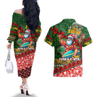 Mele Kalikimaka Shaka Santa Couples Matching Off The Shoulder Long Sleeve Dress and Hawaiian Shirt Hawaiian Surf Christmas Design with Aloha Spirit - Polynesian Pride