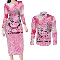 Butterfly Polynesia Breast Cancer Couples Matching Long Sleeve Bodycon Dress and Long Sleeve Button Shirt Nobody Fights Alone Pink Out Tropical Hibiscus DT02 Pink - Polynesian Pride