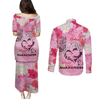 Butterfly Polynesia Breast Cancer Couples Matching Puletasi and Long Sleeve Button Shirt Nobody Fights Alone Pink Out Tropical Hibiscus DT02 - Polynesian Pride