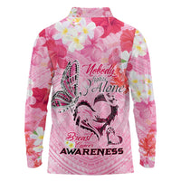 Butterfly Polynesia Breast Cancer Long Sleeve Polo Shirt Nobody Fights Alone Pink Out Tropical Hibiscus