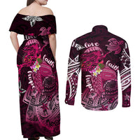 Breast Cancer Mermaid Polynesia Couples Matching Off Shoulder Maxi Dress and Long Sleeve Button Shirt Faith Hope Love DT02 - Polynesian Pride