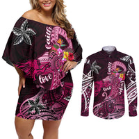 Breast Cancer Mermaid Polynesia Couples Matching Off Shoulder Short Dress and Long Sleeve Button Shirt Faith Hope Love DT02 Pink - Polynesian Pride