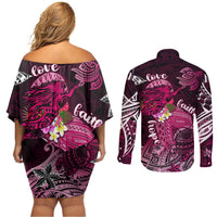 Breast Cancer Mermaid Polynesia Couples Matching Off Shoulder Short Dress and Long Sleeve Button Shirt Faith Hope Love DT02 - Polynesian Pride