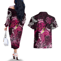 Breast Cancer Mermaid Polynesia Couples Matching Off The Shoulder Long Sleeve Dress and Hawaiian Shirt Faith Hope Love