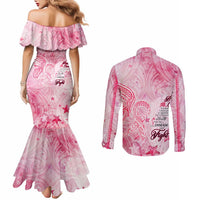 Breast Cancer Awareness Month Couples Matching Mermaid Dress and Long Sleeve Button Shirt Butterfly Polynesia Watercolor Pink