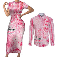 Breast Cancer Awareness Month Couples Matching Short Sleeve Bodycon Dress and Long Sleeve Button Shirt Butterfly Polynesia Watercolor Pink