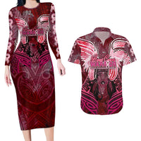 Breast Cancer Warrior Couples Matching Long Sleeve Bodycon Dress and Hawaiian Shirt Angel Wings Polynesian Pattern DT02 Pink - Polynesian Pride
