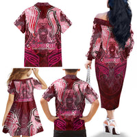 Breast Cancer Warrior Family Matching Off The Shoulder Long Sleeve Dress and Hawaiian Shirt Angel Wings Polynesian Pattern