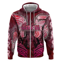 Breast Cancer Warrior Zip Hoodie Angel Wings Polynesian Pattern