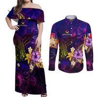 Wallis and Futuna Couples Matching Off Shoulder Maxi Dress and Long Sleeve Button Shirt Whale Hibiscus Polynesian DT02 Purple - Polynesian Pride