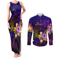 Wallis and Futuna Couples Matching Tank Maxi Dress and Long Sleeve Button Shirt Whale Hibiscus Polynesian DT02 Purple - Polynesian Pride