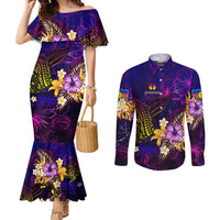 New Caledonia Couples Matching Mermaid Dress and Long Sleeve Button Shirt Whale Hibiscus Polynesian DT02 Purple - Polynesian Pride
