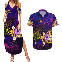 New Caledonia Couples Matching Summer Maxi Dress and Hawaiian Shirt Whale Hibiscus Polynesian DT02 Purple - Polynesian Pride