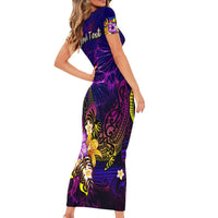 New Caledonia Short Sleeve Bodycon Dress Whale Hibiscus Polynesian