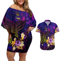 Tahiti French Polynesia Couples Matching Off Shoulder Short Dress and Hawaiian Shirt Whale Hibiscus Polynesian DT02 Purple - Polynesian Pride