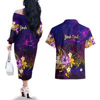 Tahiti French Polynesia Couples Matching Off The Shoulder Long Sleeve Dress and Hawaiian Shirt Whale Hibiscus Polynesian