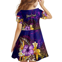 Tahiti French Polynesia Kid Short Sleeve Dress Whale Hibiscus Polynesian