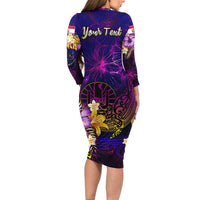 Tahiti French Polynesia Long Sleeve Bodycon Dress Whale Hibiscus Polynesian
