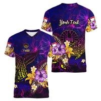 Tahiti French Polynesia Women V-Neck T-Shirt Whale Hibiscus Polynesian DT02 - Polynesian Pride