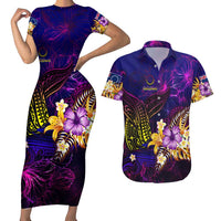 Cook Islands Couples Matching Short Sleeve Bodycon Dress and Hawaiian Shirt Whale Hibiscus Polynesian DT02 Purple - Polynesian Pride
