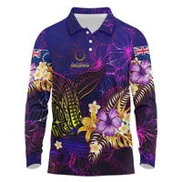Cook Islands Long Sleeve Polo Shirt Whale Hibiscus Polynesian DT02 Purple - Polynesian Pride